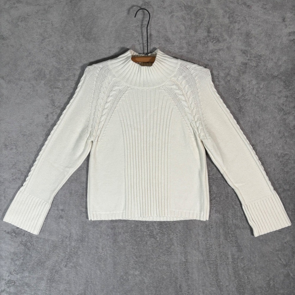 Talbots Womens XS Ivory Mock Neck Cable Knit Cotton Wool Blend Sweater Cozycore